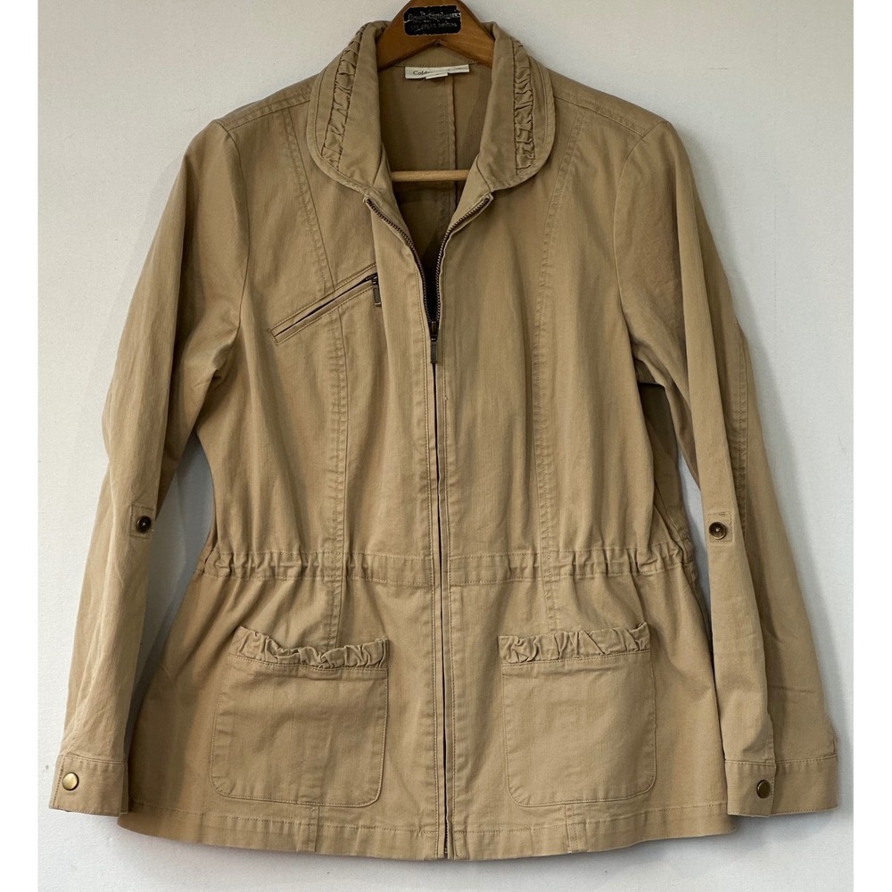 Coldwater Creek Utility Jacket Ruffle Collar Zip Womens 12 Tan Khaki Excellent